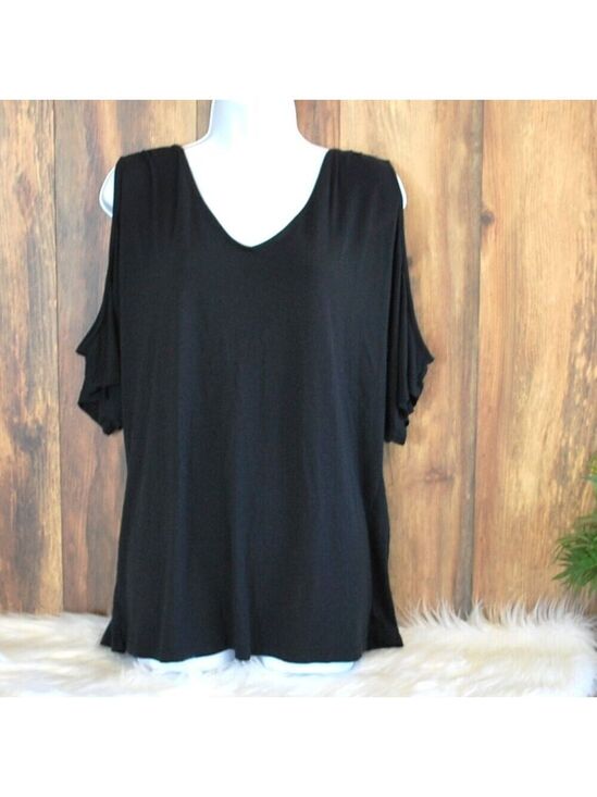 VENUS Tops - Venus Women's Plus Size Black Cold Shoulder Tee Stretch Blouse 1X